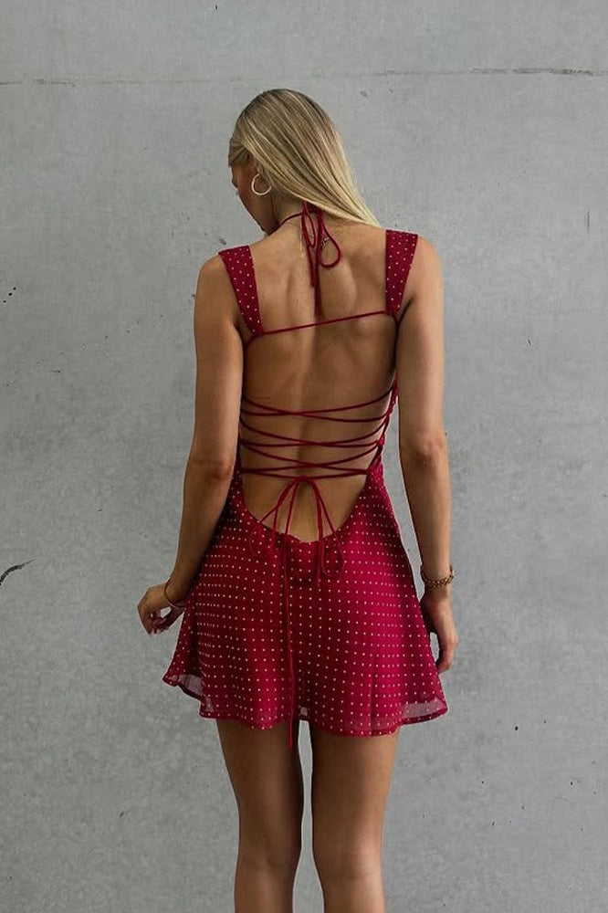 Sexy Chiffon Polka Dot Backless Tie Mini Dress - View 2