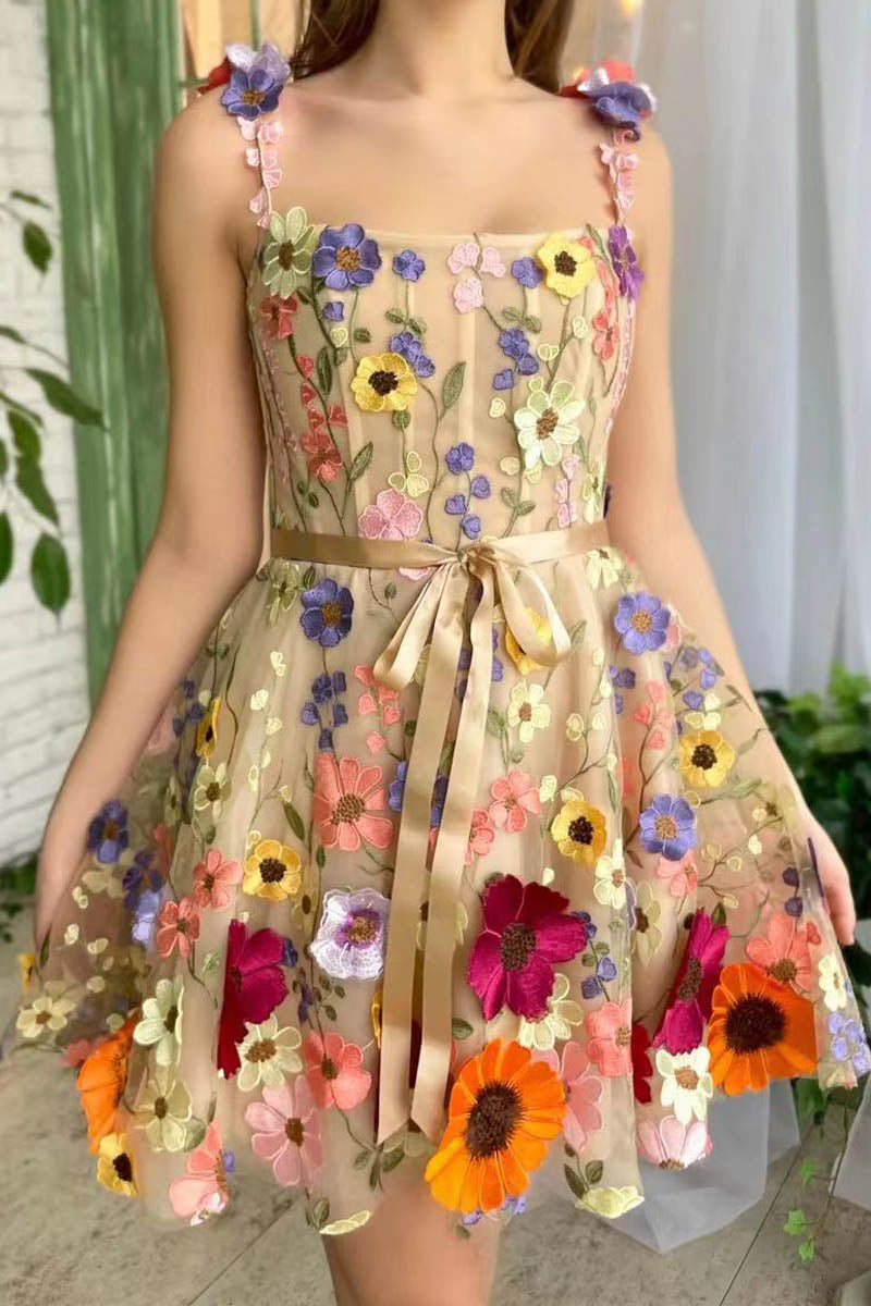 3D Flower Embroidered Suspender Dress - Fashionpara