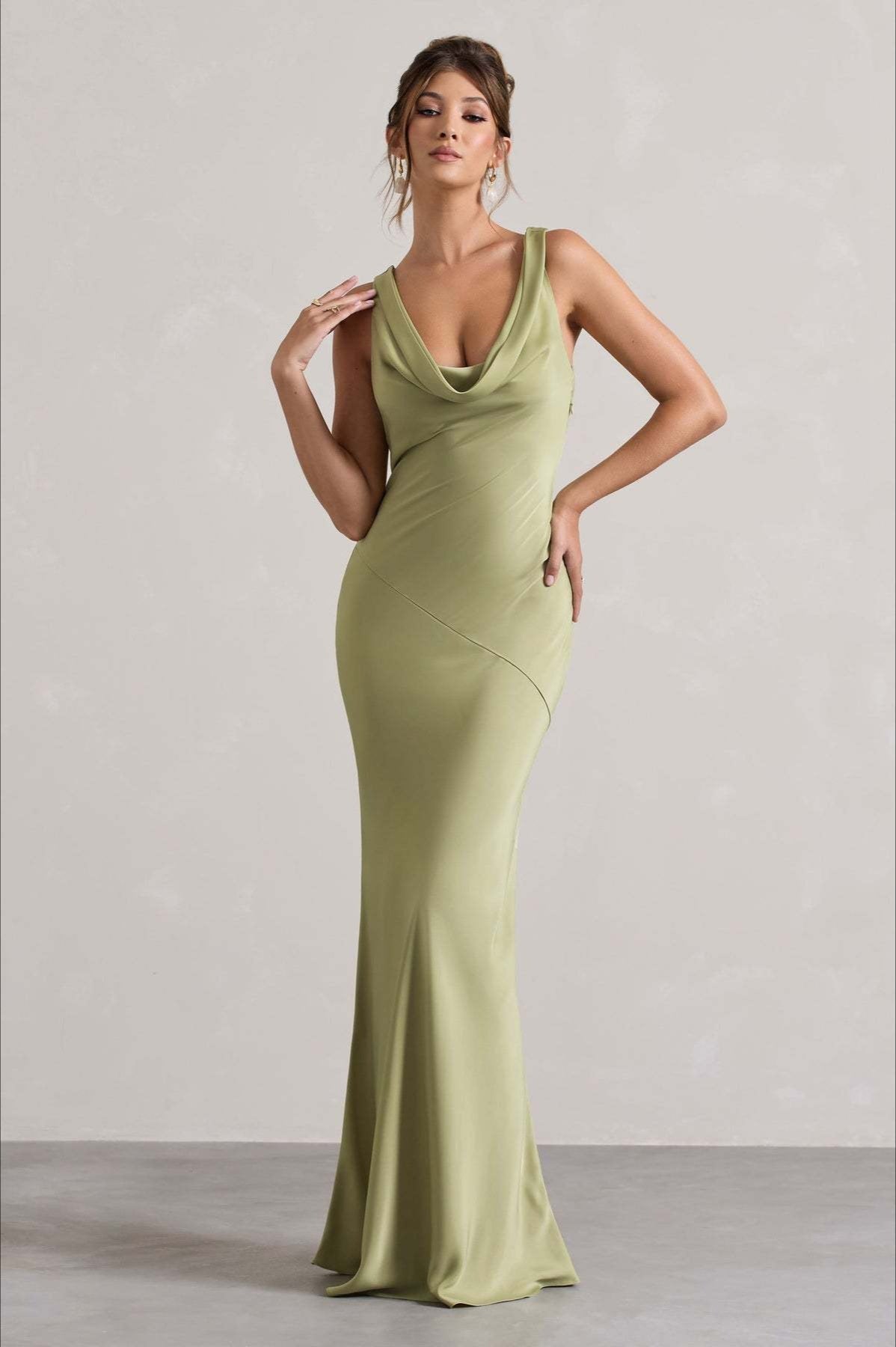 Satin Cowl Neck Wide Strap Sleeveless Diagonal Seam Sheath Maxi Gown - View 7