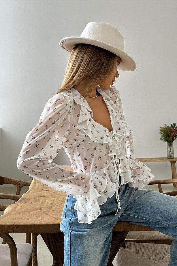 Floral Print Slim Fit V-neck Ruffled Blouse