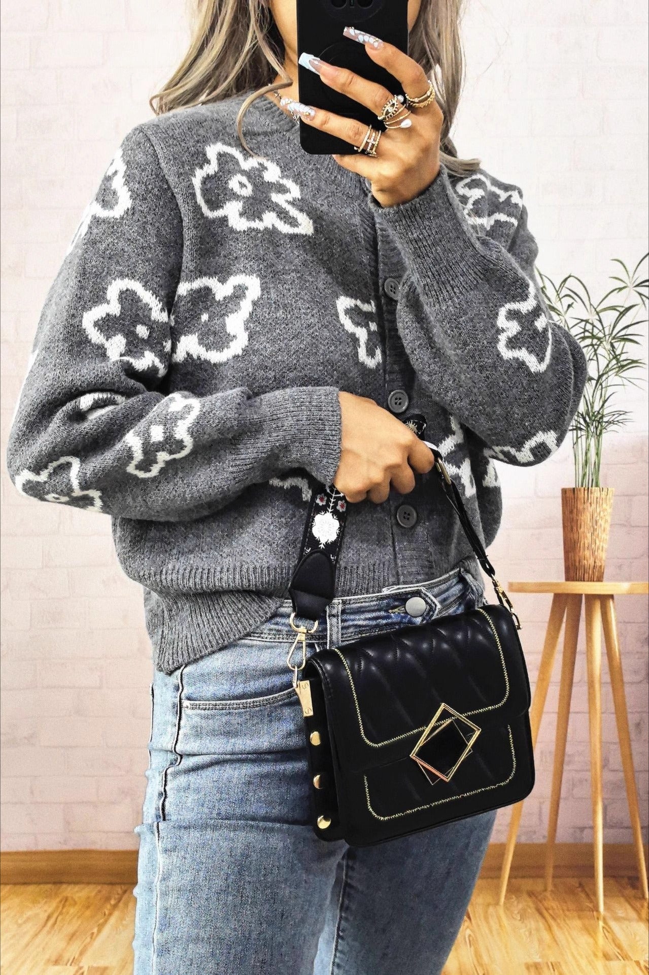 Floral Jacquard Knit Cardigan with Elegant Button Detail