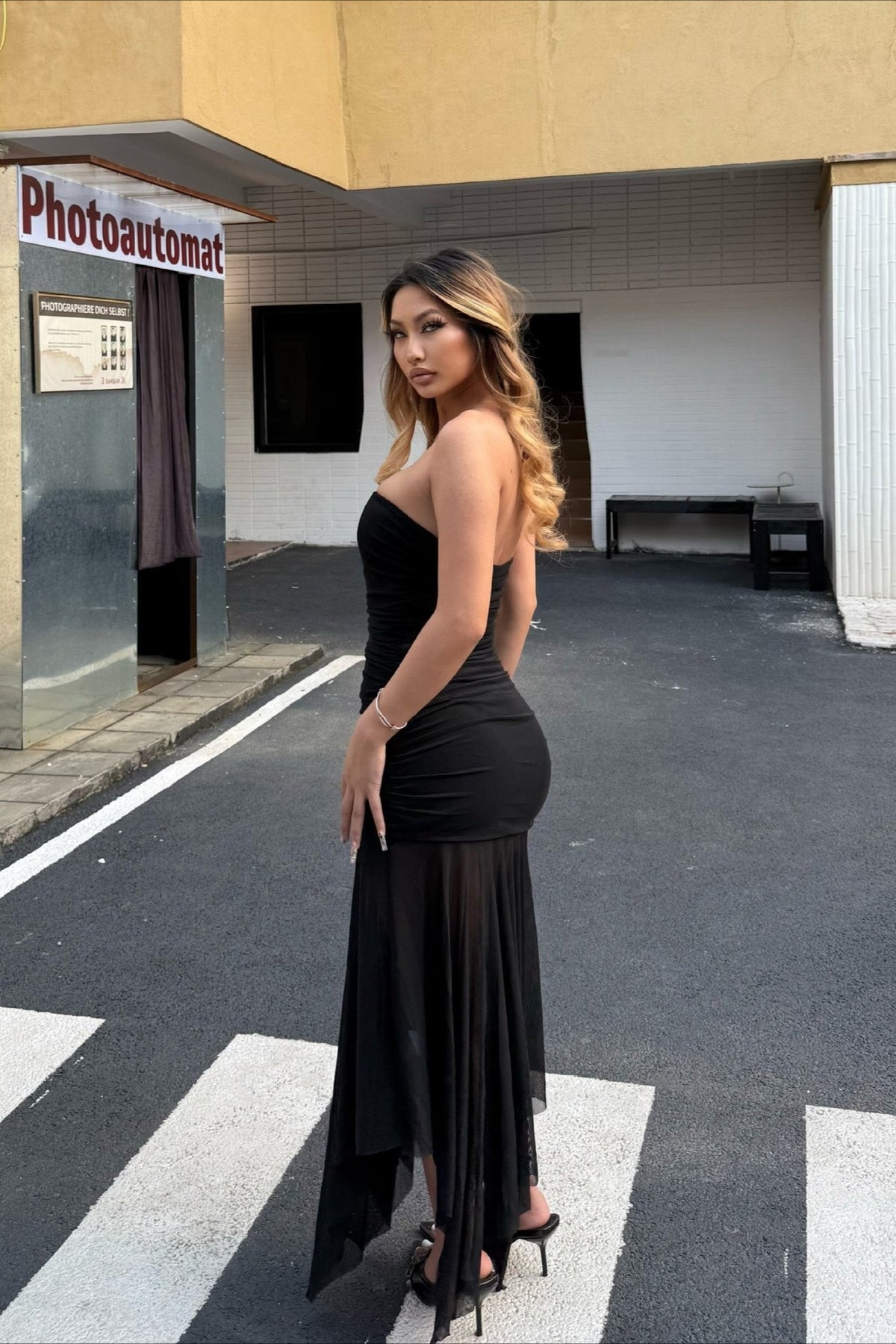Mesh Strapless Ruched Sheer Skirt Maxi Dress