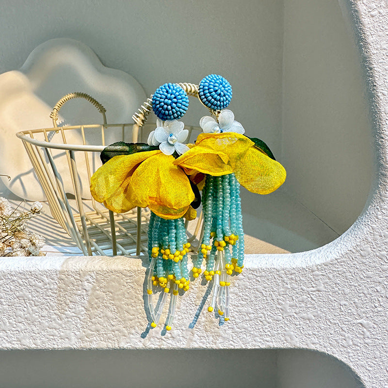 Handmade Fabric Rice Bead Tassel Earrings