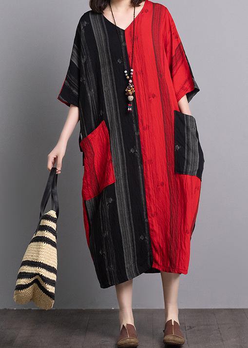 V-Neck Short Sleeve Contrast Patch Pocket Vertical Midi Dress