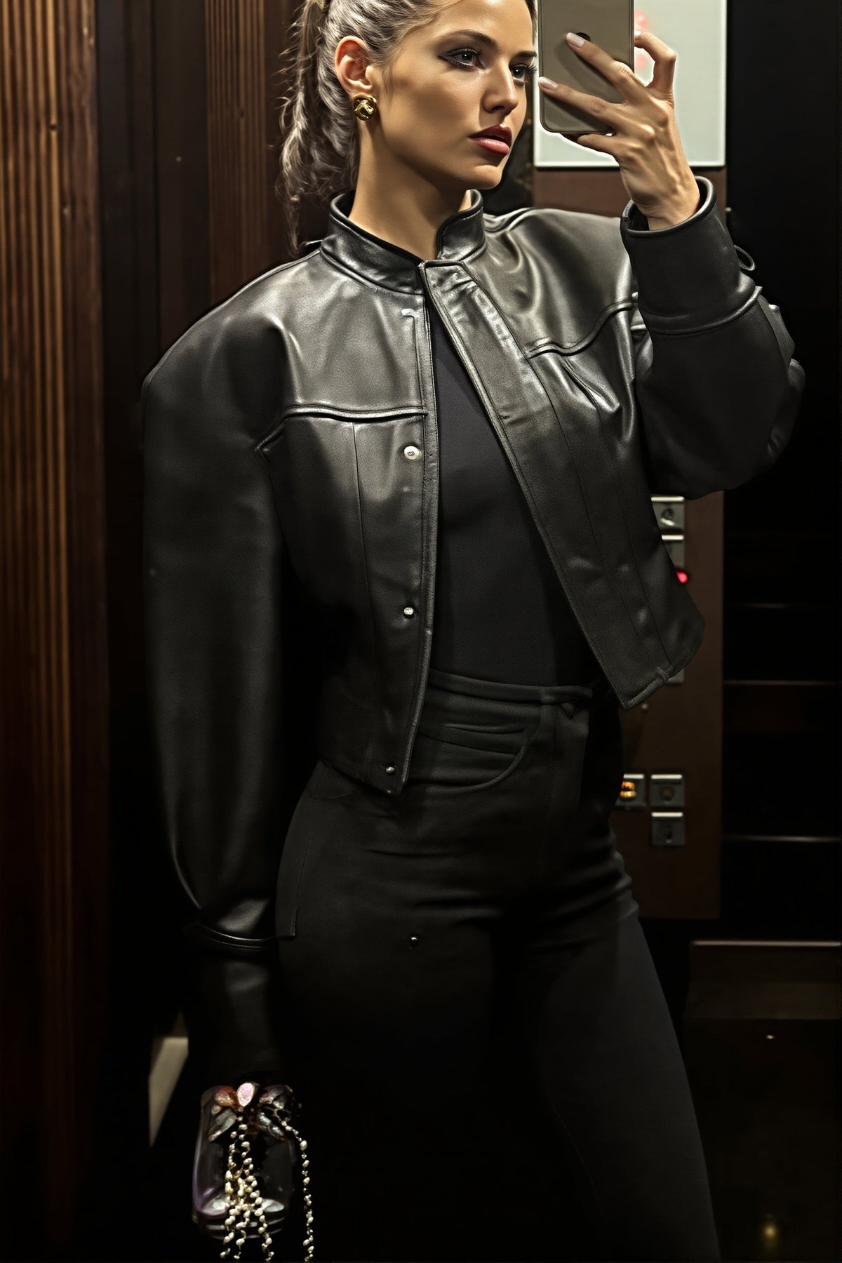 Snap Collar Faux Leather Bomber Jacket