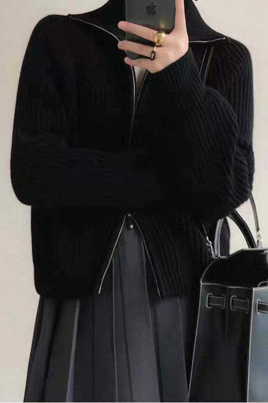 Ribbed High Neck Zip Sweater