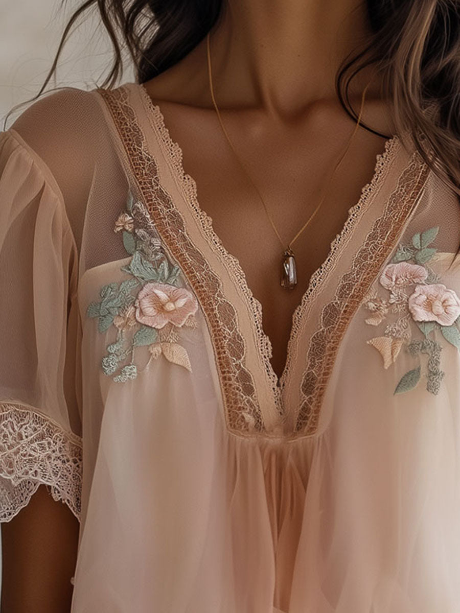 Boho Delicate Floral Embroidered Chiffon Blouse - Fashionpara
