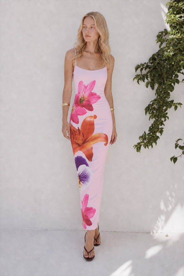 Floral Print Scoop Neck Spaghetti Strap Bodycon Maxi Dress