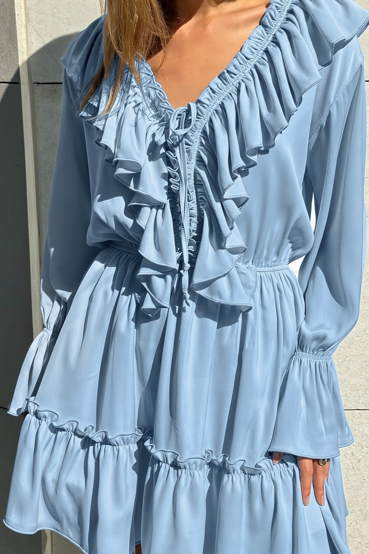 Ruffle Frill V-Neck Long Sleeve Tiered Mini Dress 6