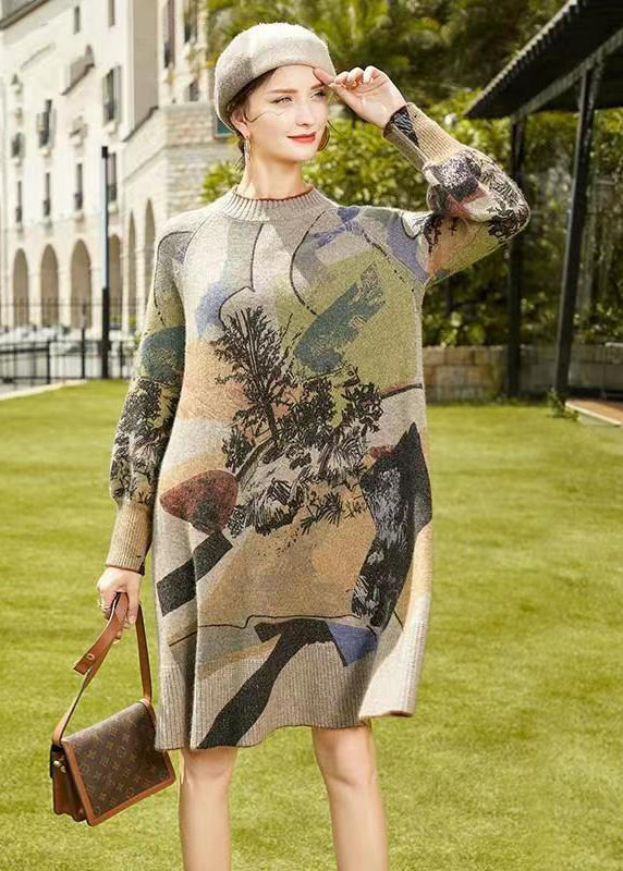 Jacquard Landscape Print Crew Neck Sweater Mini Dress