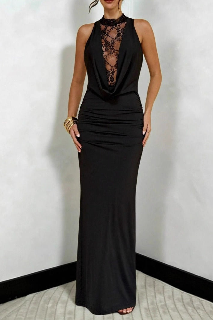 Halter Neck Lace Panel Cowl Drape Bodycon Dress