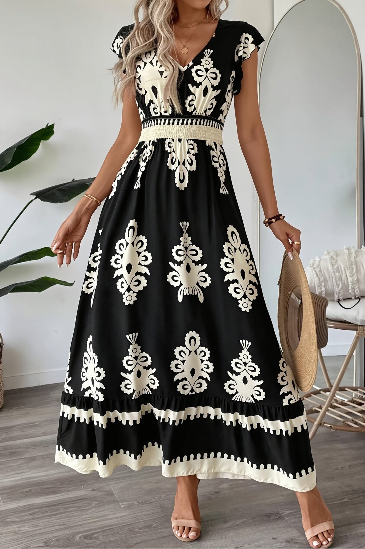 Baroque Print V-Neck Flutter Sleeve Midi Dress