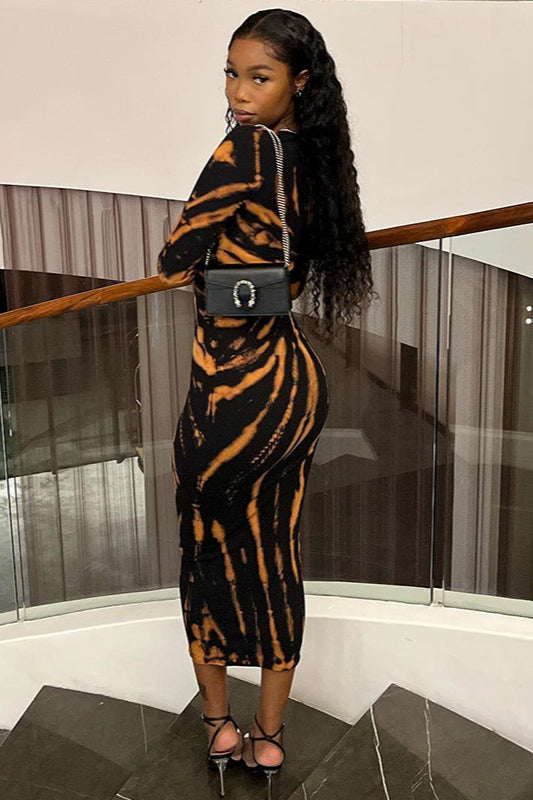 Sexy U-Neck Floral Print Long Sleeve Bodycon Maxi Dress