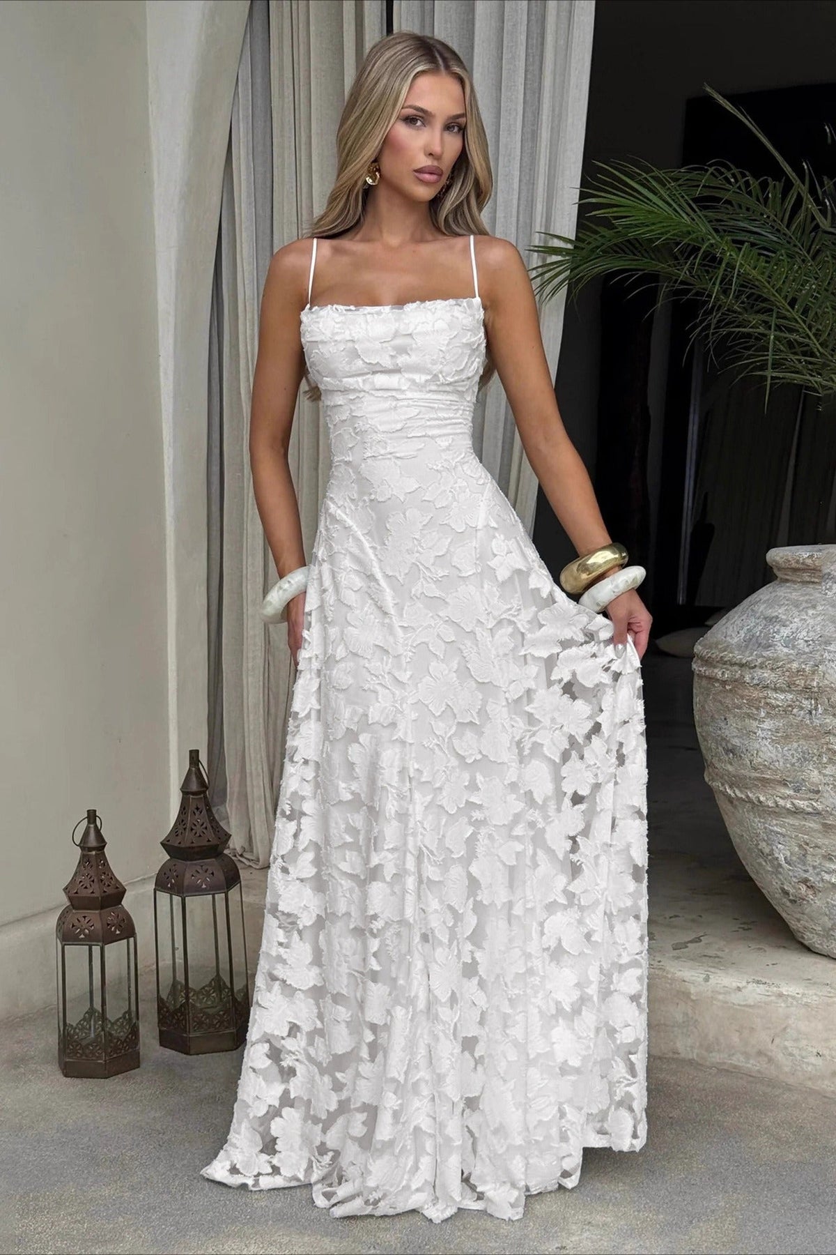 Floral Jacquard Cowl-Neck Spaghetti-Strap Maxi Gown