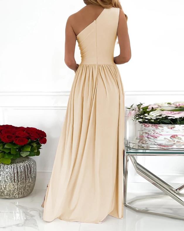 One Shoulder Keyhole Cut Out Pleated High Split Formal Maxi Gown - View 2