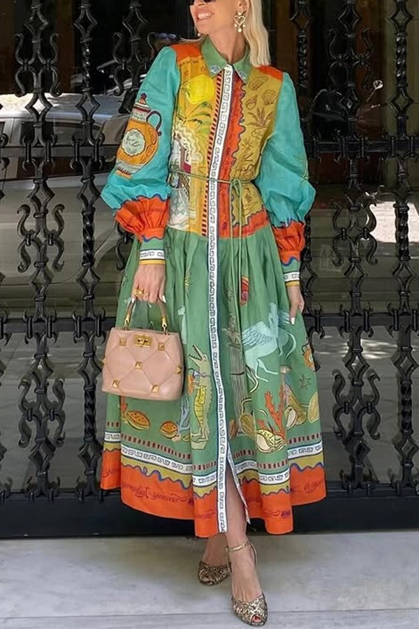 Puts A Smile Unique Print Lapel Lantern Sleeve Waist Tie Midi Dress - Fashionpara