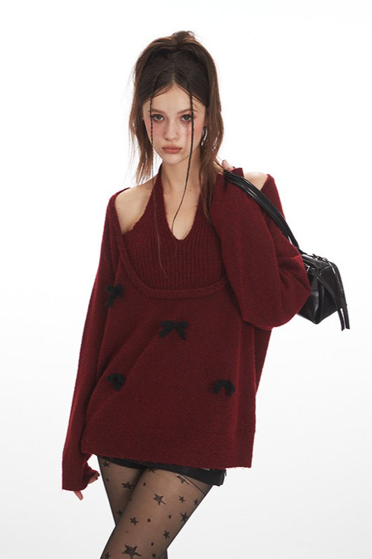 Bow Tie Halter U-Neck Knit Top