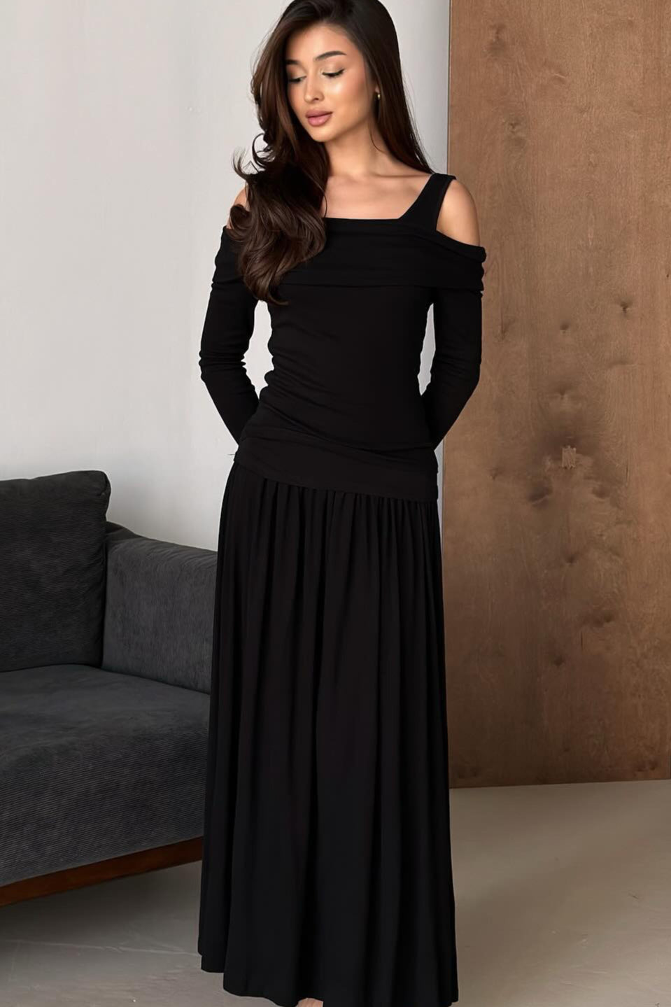 Off Shoulder Long Sleeve Drop Waist Pleated Maxi Dress