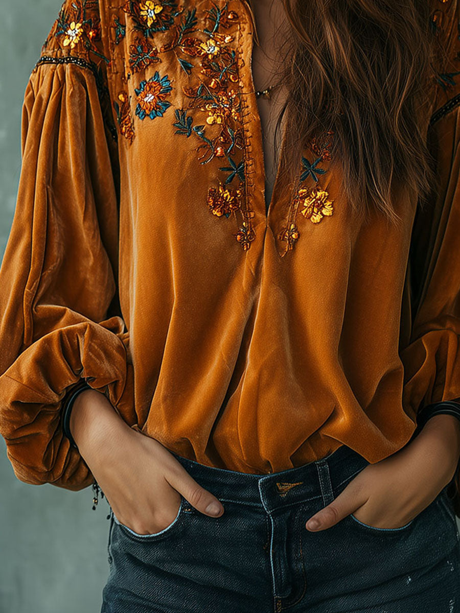 Boho Mustard Yellow Embroidered Velvet Blouse - Fashionpara