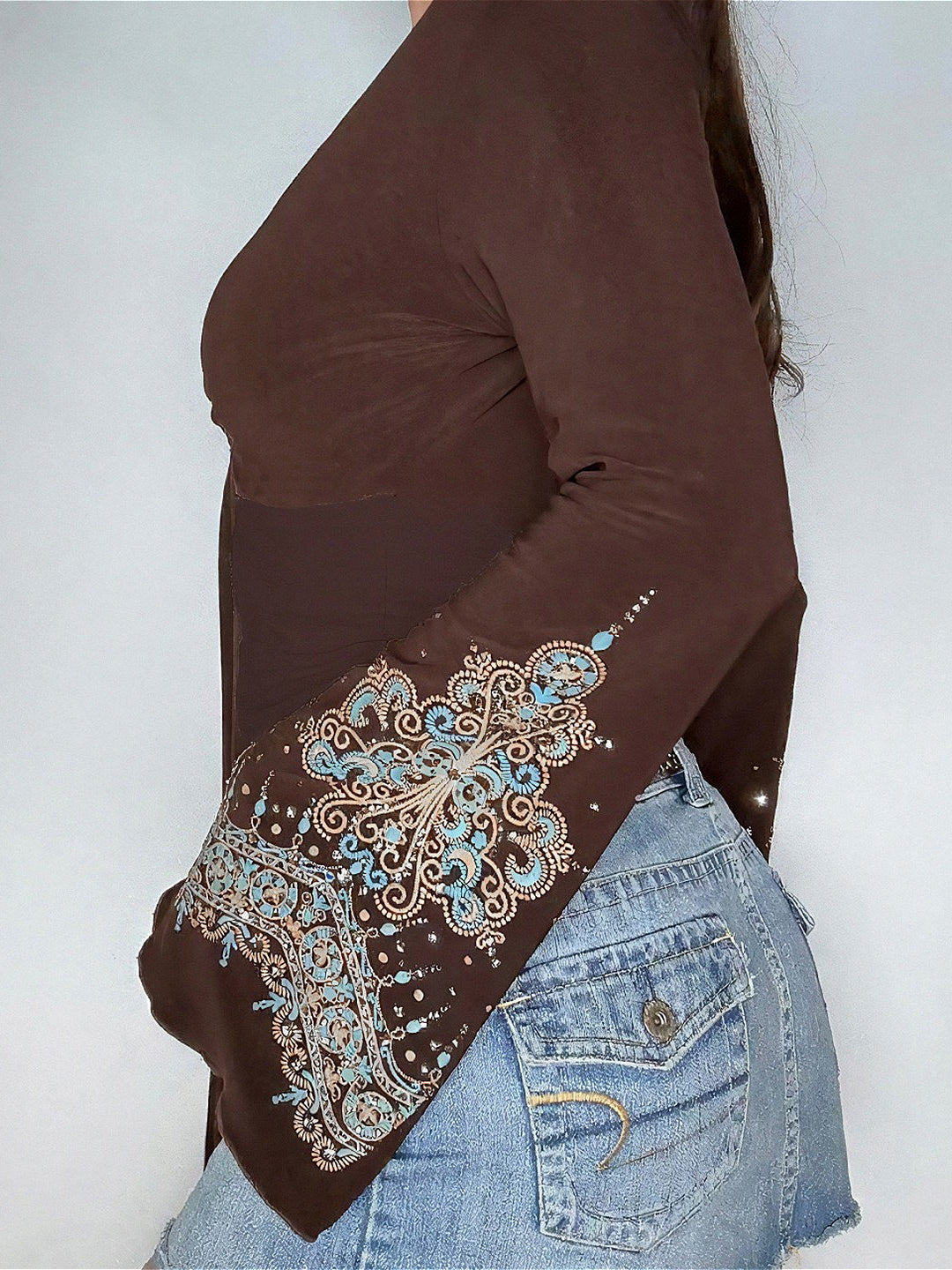 Vintage V Neck Printed Long Sleeve Blouse