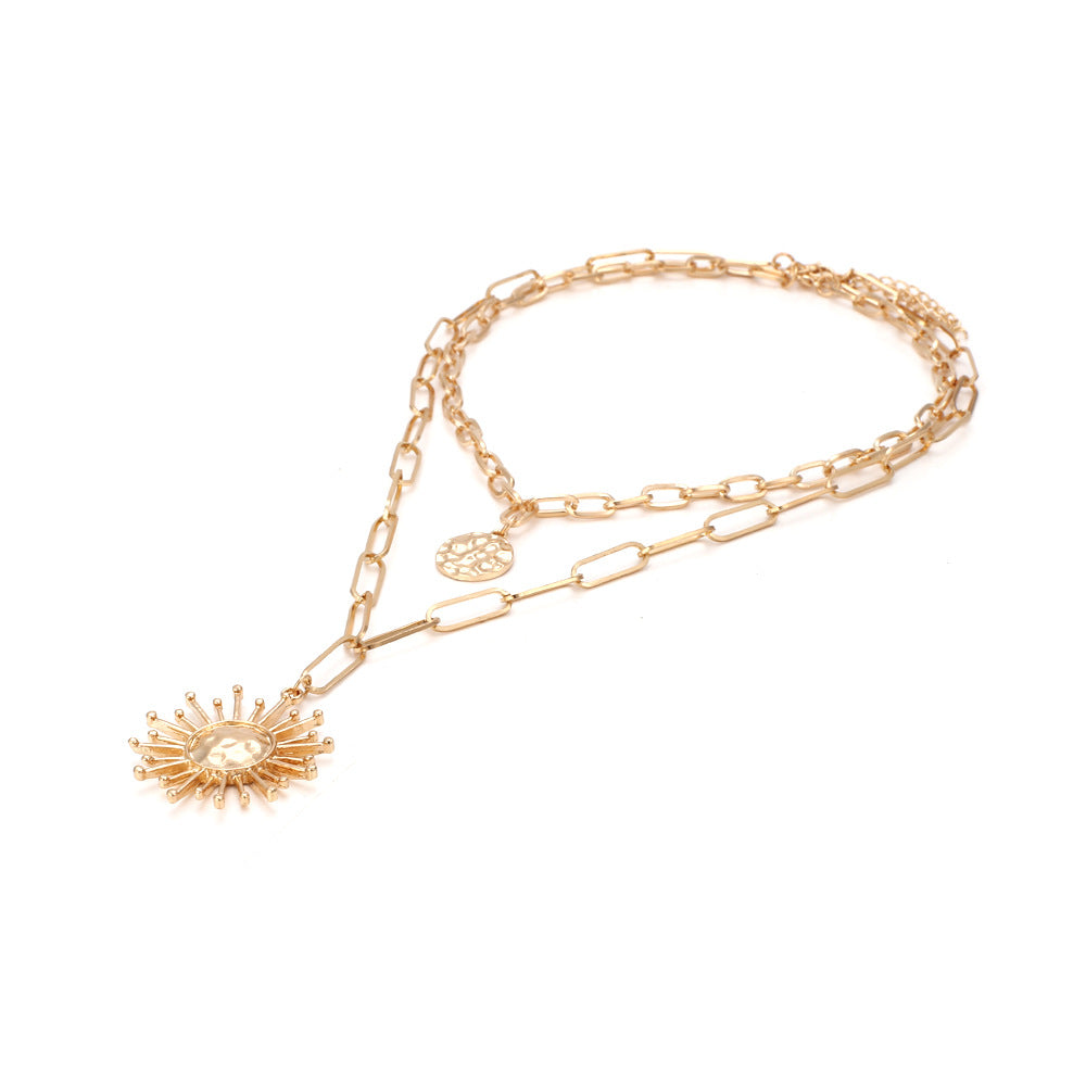 Vintage Stacked Metal Sun Pendant Necklace