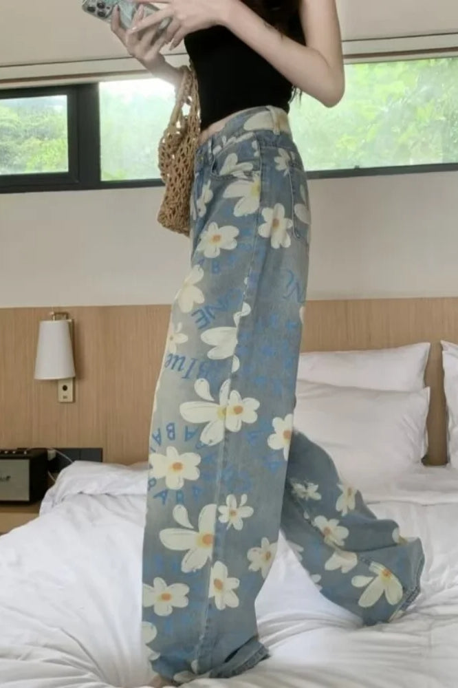 Washed Floral Print Baggy Jeans