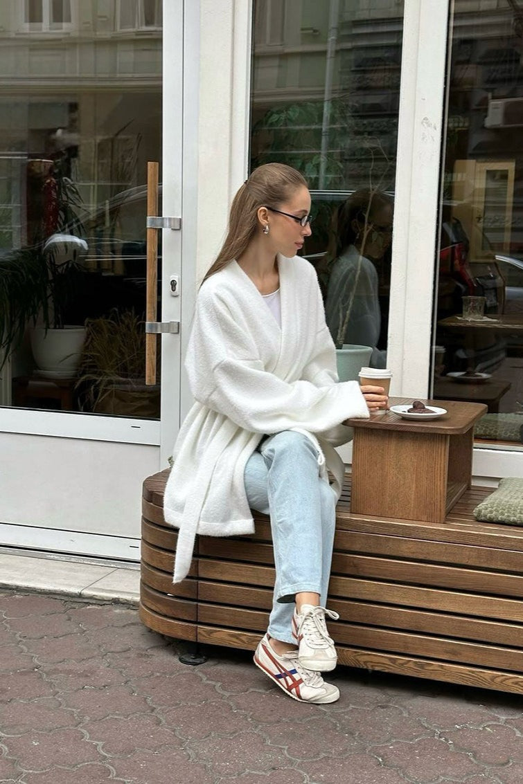 Elegant Wool Blend Midi Coat with Tie-Waist Detail