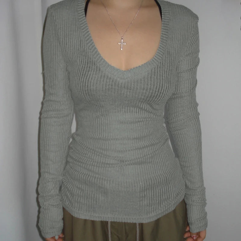 Slim-fitting Crop Top Micro-transparent V-neck Smock T-shirt Women