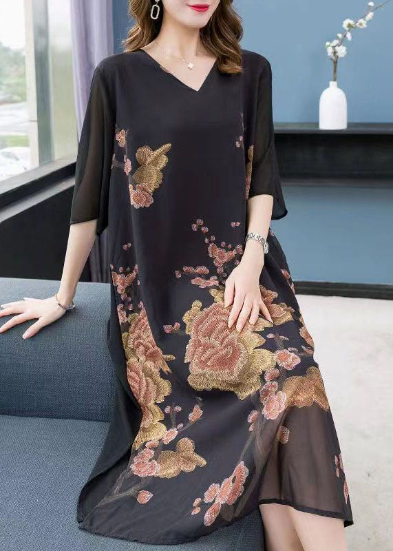 Floral Embroidery V-Neck Sheer Chiffon Sleeve Overlay Midi Dress - View 2
