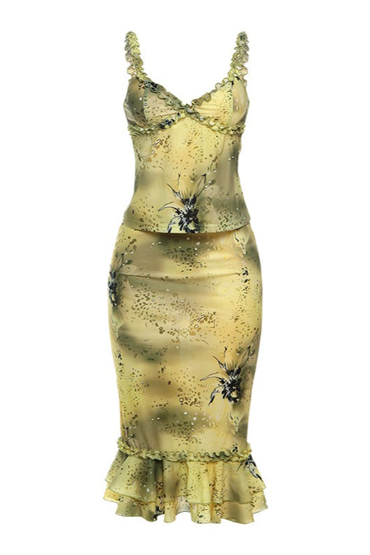 Floral Print Satin Ruffle Strap Midi Dress