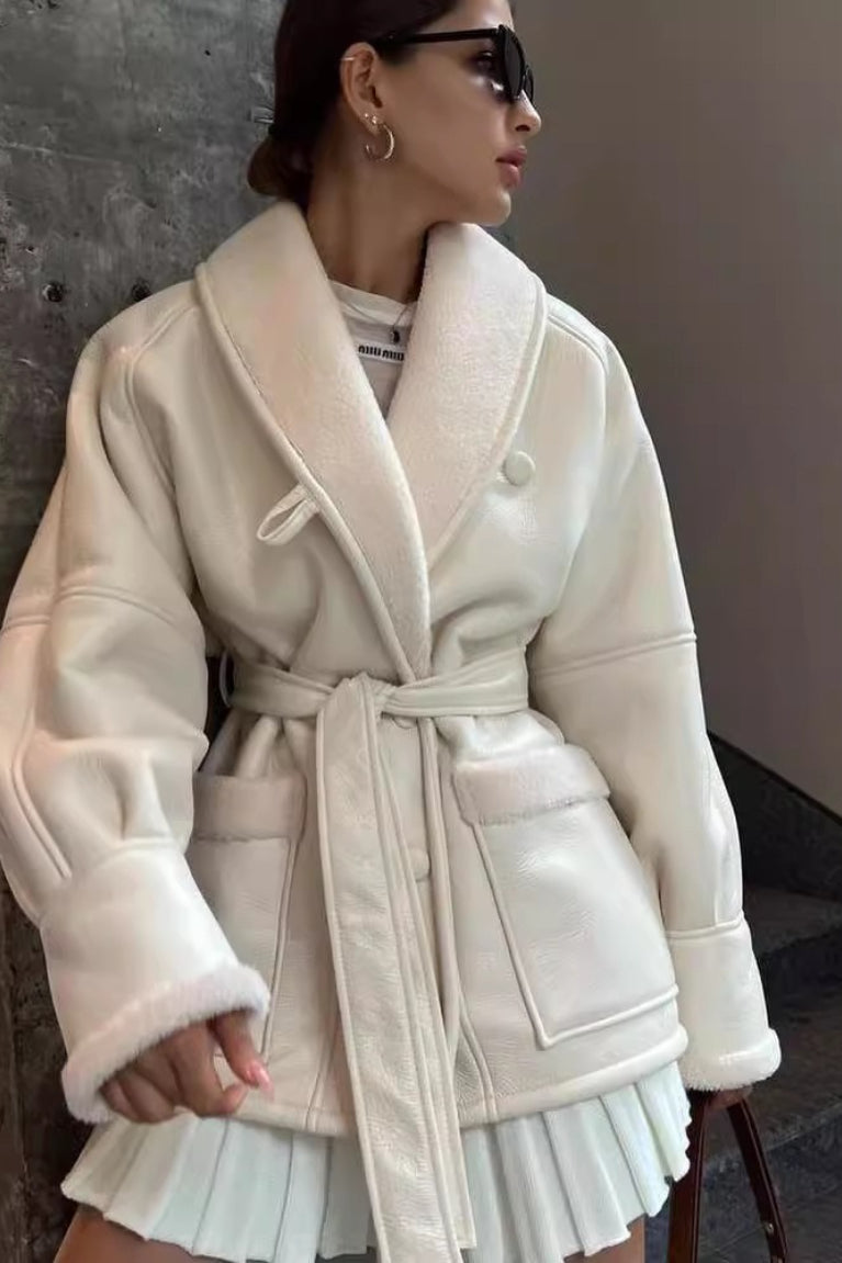 Long Sleeve Faux Shearling Coat - Fashionpara