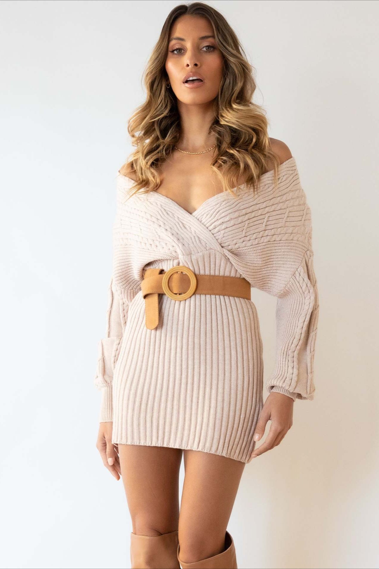 Cable Knit V-Neck Mini Dress for Effortless Style