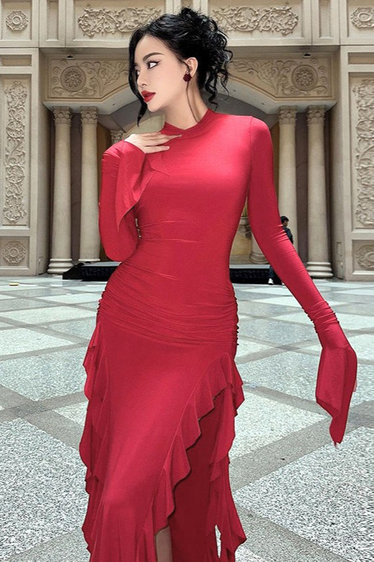 Ruffle Split Long Sleeve Maxi Dress