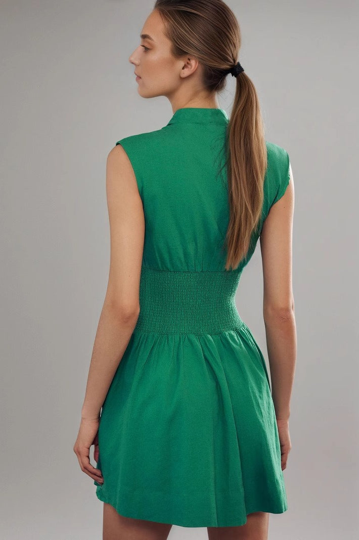 V-Neck Zip-Front Smocked-Waist Flared Mini Dress