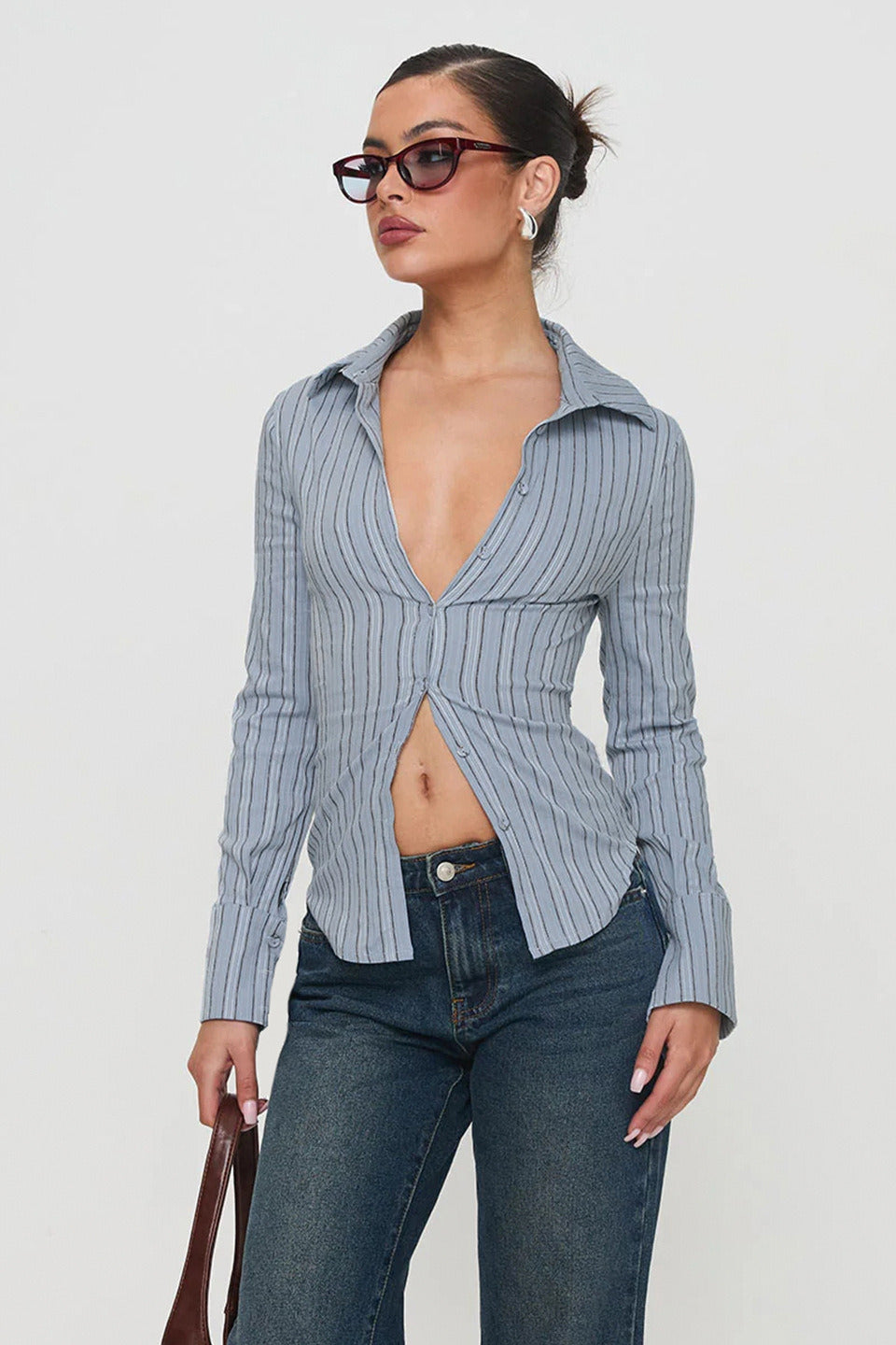 Fitted Striped Collared Buttoned Long Sleeve Blouse