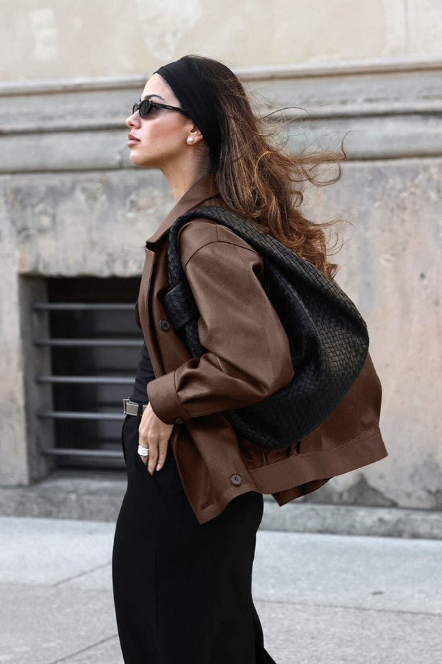 Relaxed Double Breasted Faux Leather Blazer