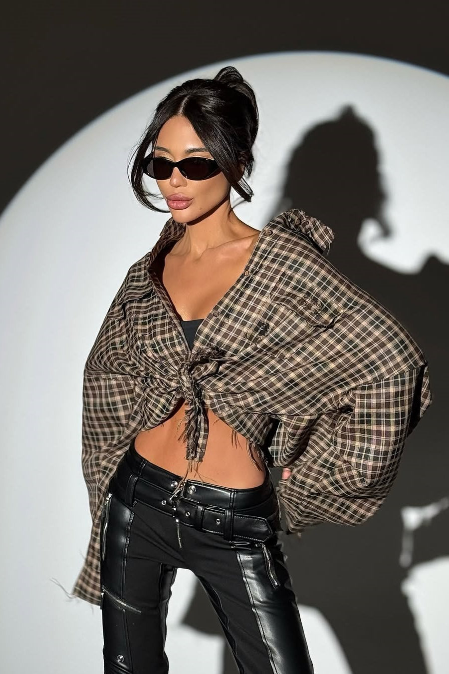 Plaid Distressed Collared  Blouse