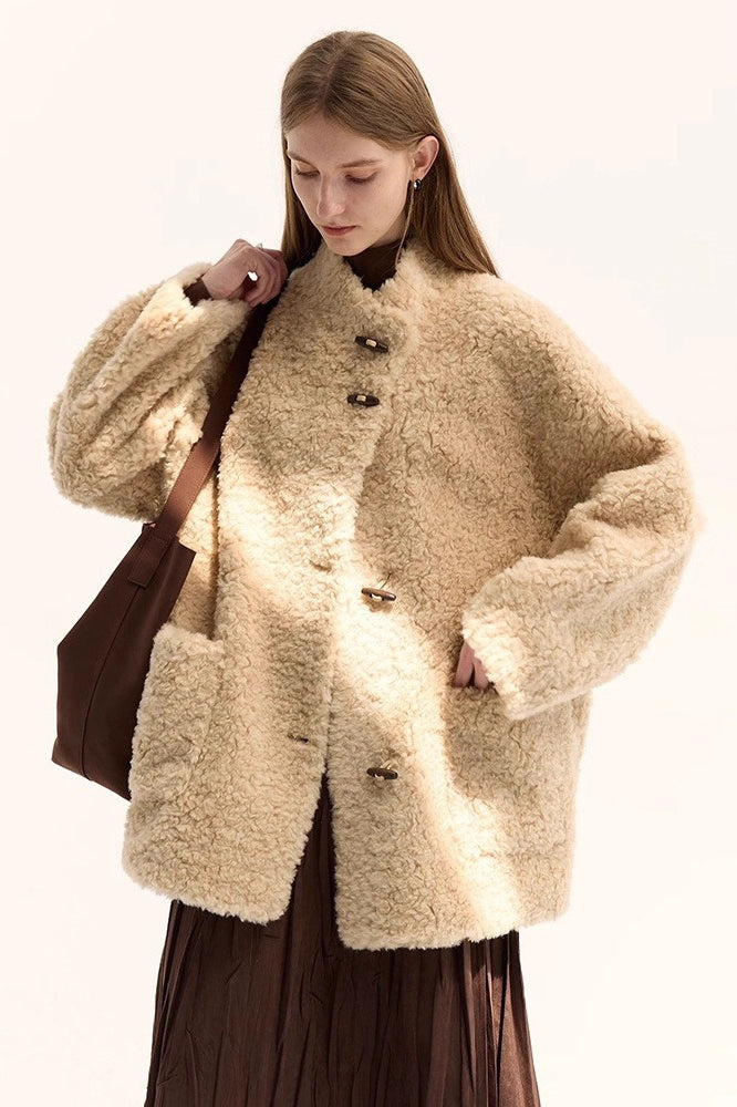 Pure Wool Bouclé Horn Button Shearling Coat