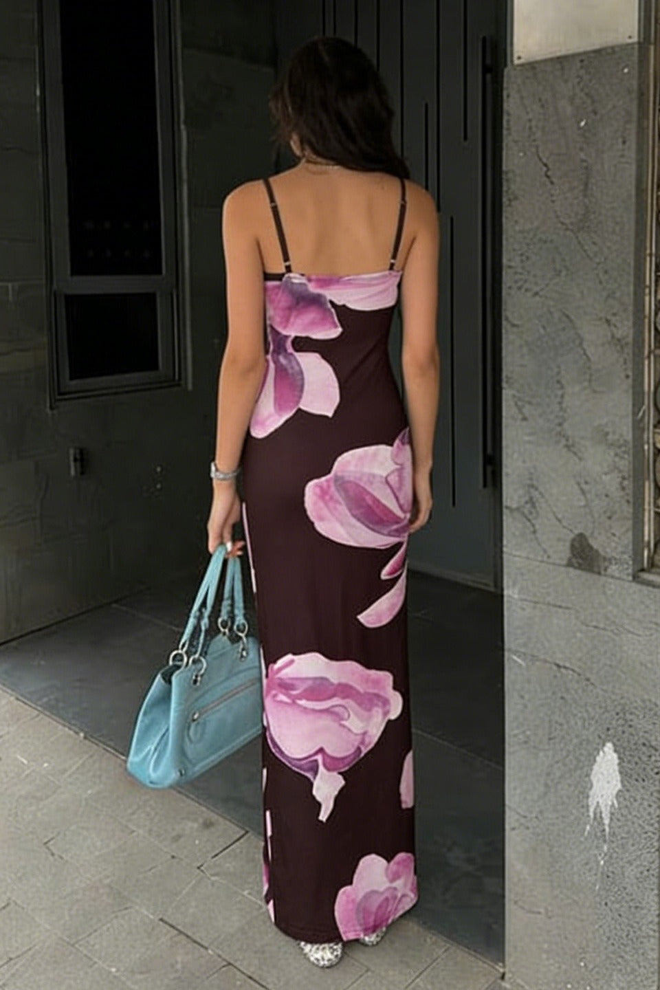 Floral Satin V-Neck Bias Cut Column Maxi Dress 4