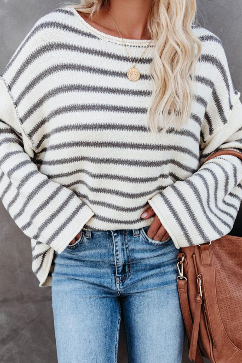O Neck Striped Loose White Sweater  Fashionpara