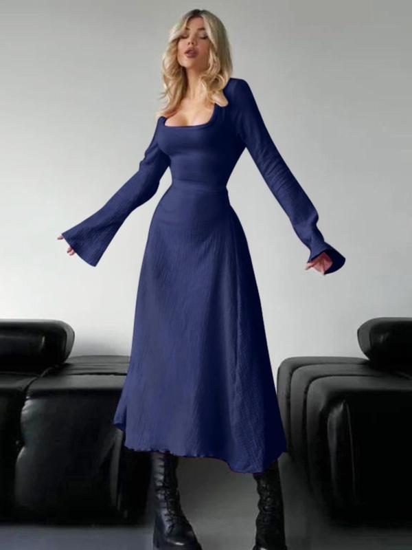Square Neck Flare Sleeve Fit and Flare Midi Dress 2