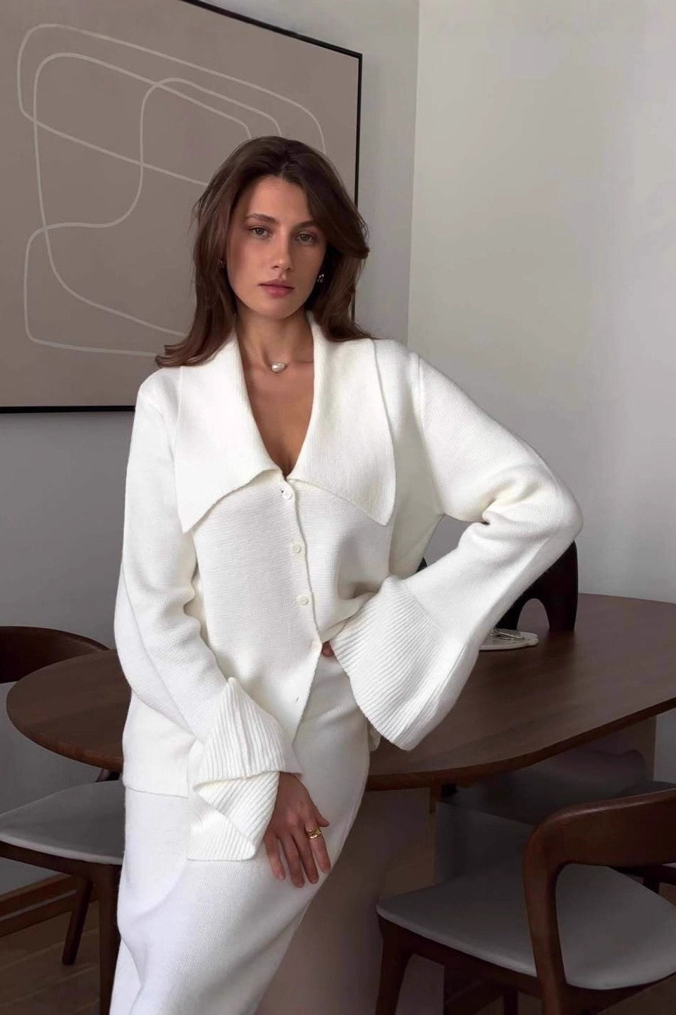 Elegant Pink Bell-Sleeve Cardigan and Straight Skirt Set