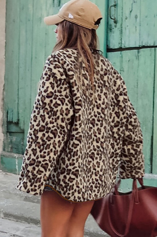Oversized Leopard Lamb Fleece Coat - Fashionpara