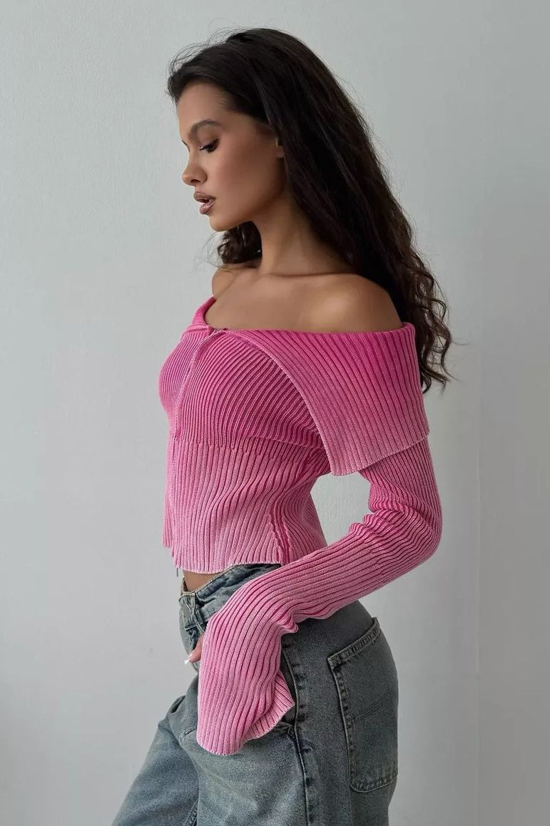 Off Shoulder Zipper Fitted Knit  Blouse