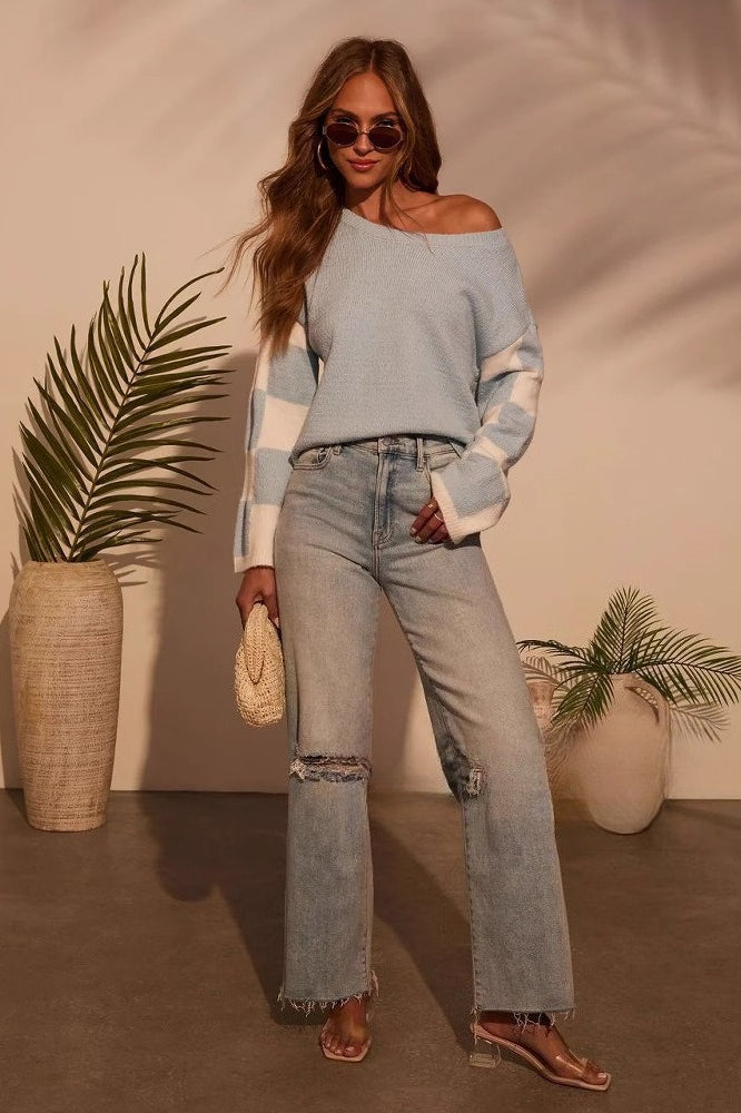 Colorblock Print Knit Sweater