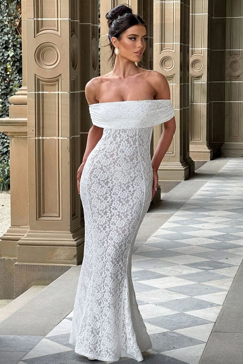 Sheer Floral Lace Off-Shoulder Mermaid Maxi Gown