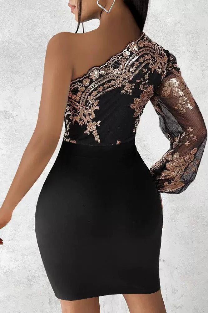 Sequin One Shoulder Long Sleeve Bodycon Mini Dress - View 2