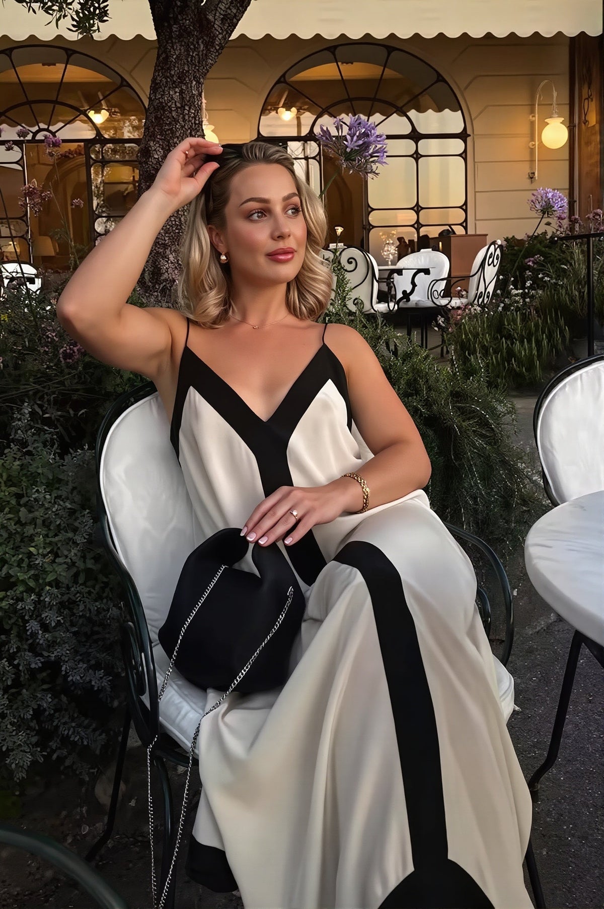 Satin Contrast Trim V-Neck Spaghetti Strap Maxi Dress