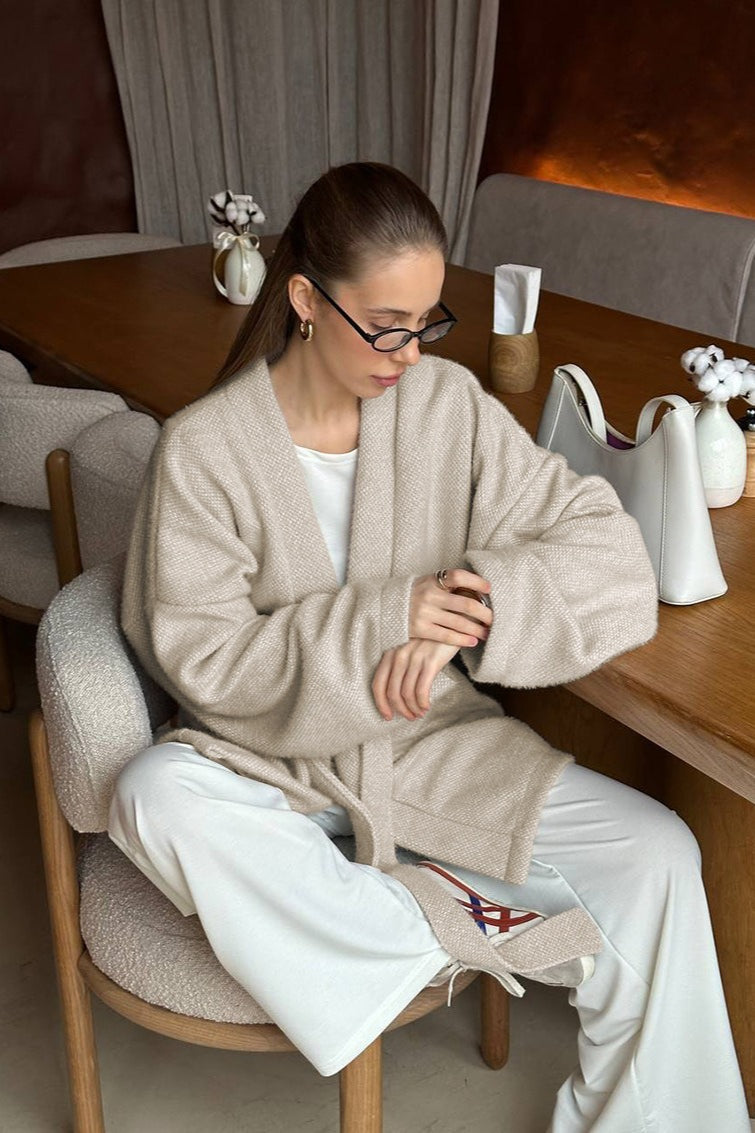 Elegant Wool Blend Midi Coat with Tie-Waist Detail