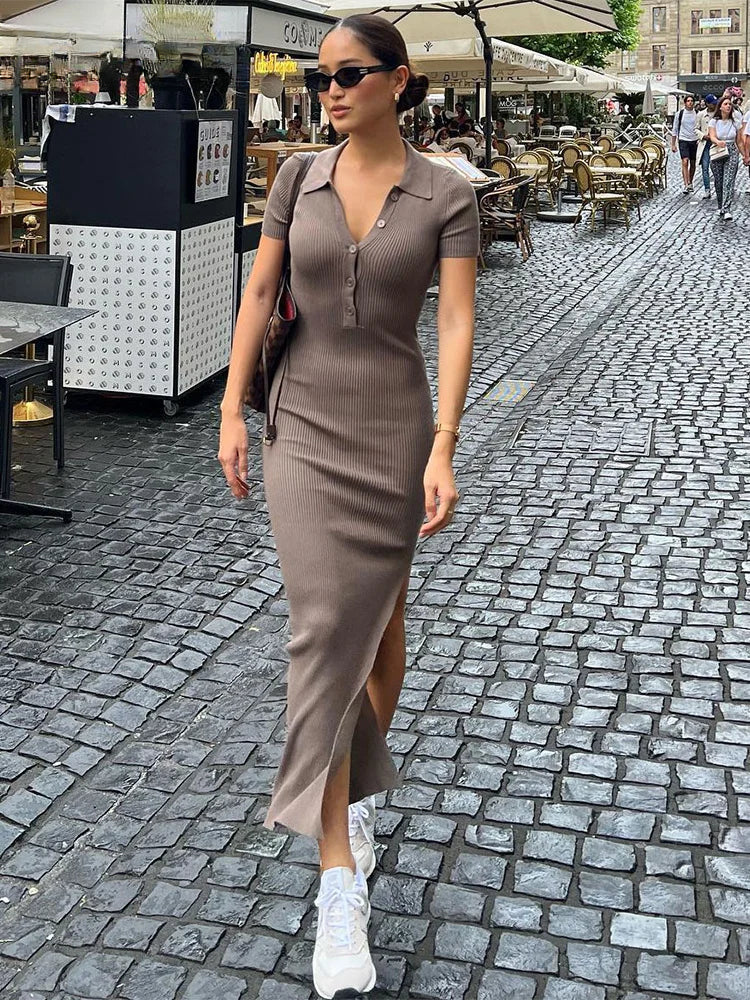 Ribbed Knit Collared Short Sleeve Bodycon Maxi Dress